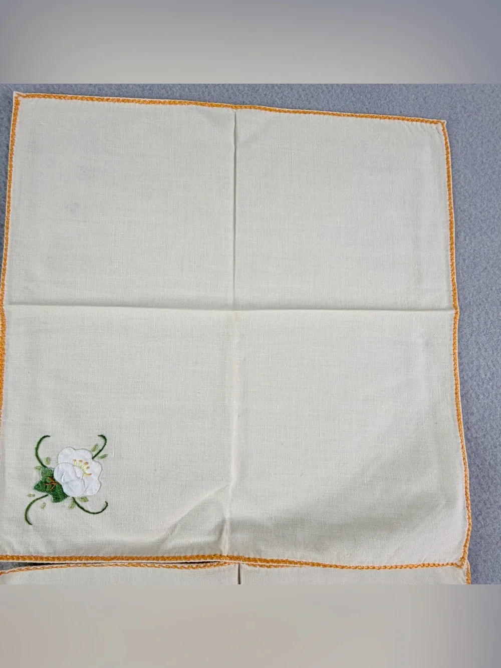 Vintage Ivory Embroidered Napkin Set 4 Floral Appliqué Handmade Cottagecore